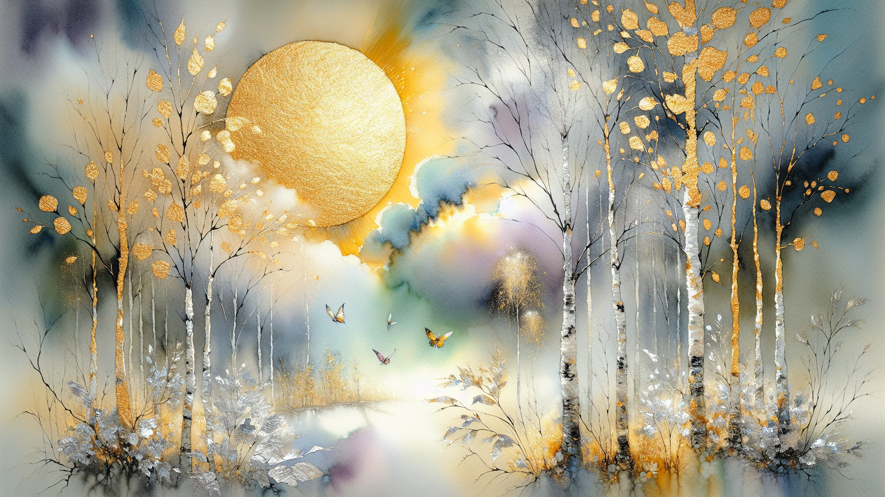 Serene Landscape with Ethereal Trees and Golden Sun