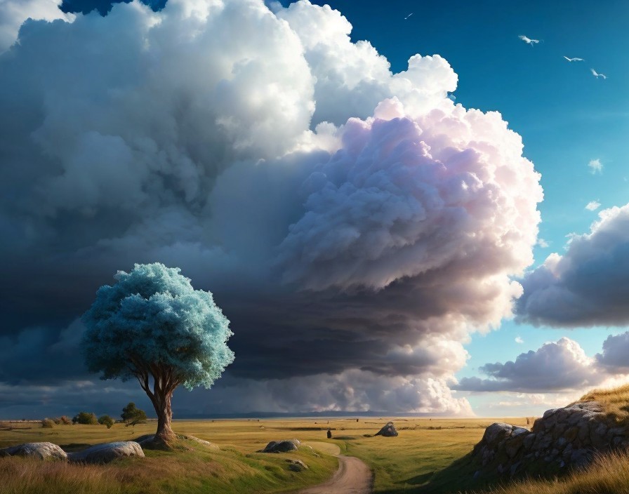 Tranquil landscape with lone blue-leafed tree under dramatic sky