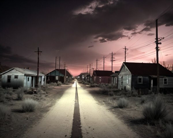 Desolate street with dilapidated houses under brooding sky