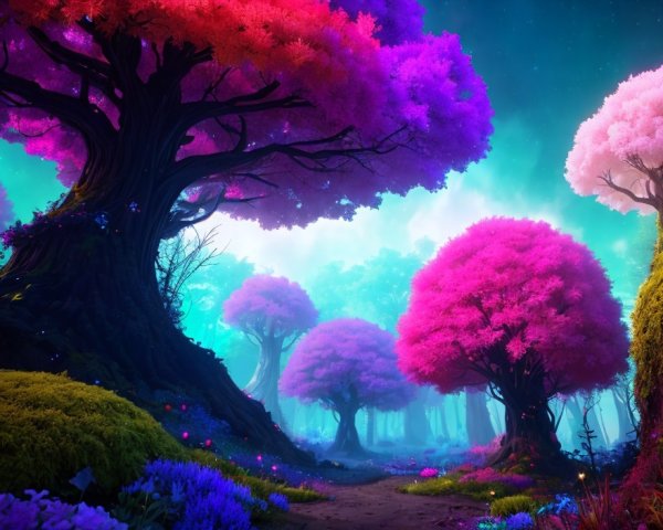 Colorful Fantasy Forest with Oversized Pink and Purple Foliage