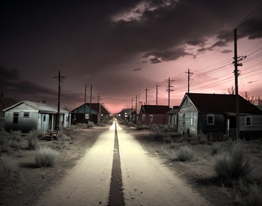 Desolate street with dilapidated houses under brooding sky