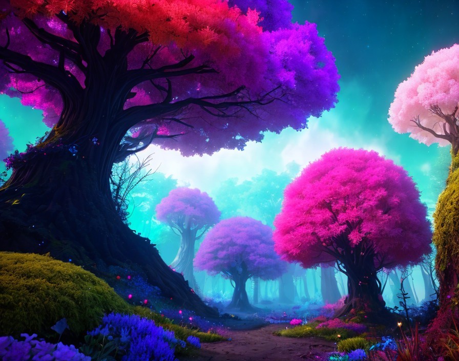 Colorful Fantasy Forest with Oversized Pink and Purple Foliage