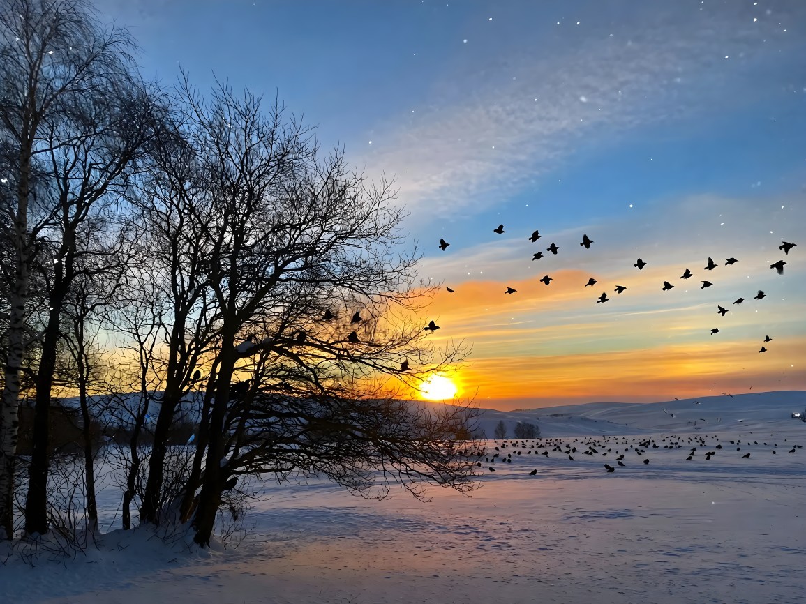 Winter Landscape at Sunset with Birds and Snow