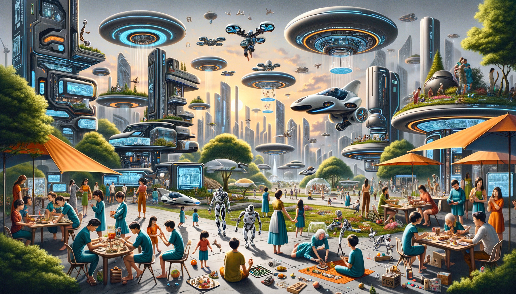 Futuristic cityscape with flying cars, drones, and high-tech buildings.