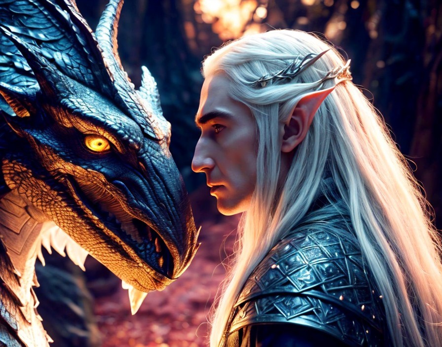 White-haired elf in intricate armor confronts blue dragon in glowing forest
