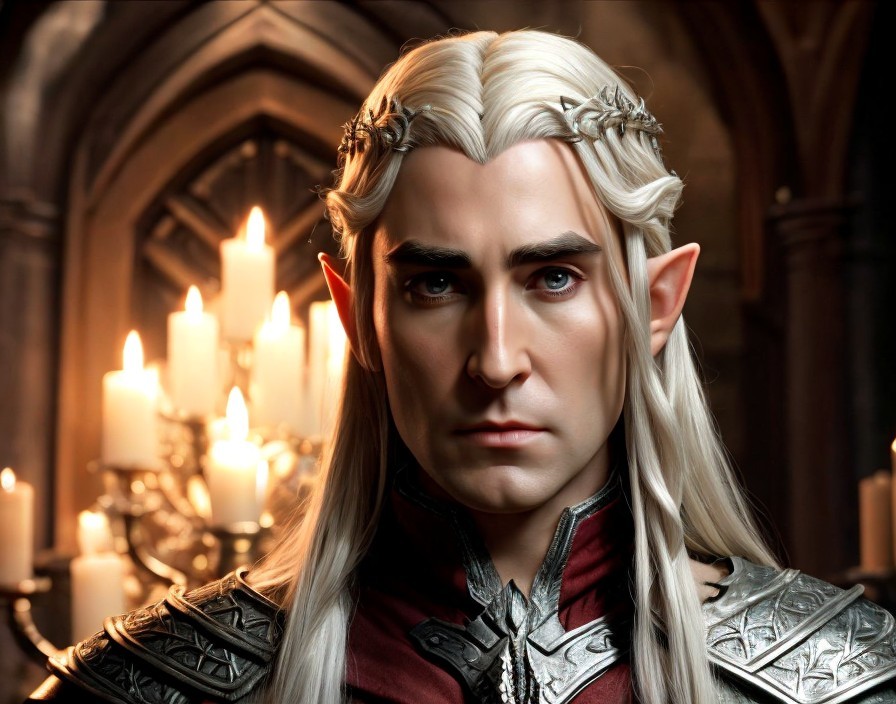 Fantasy elf character with white hair, tiara, and ornate armor in gothic setting