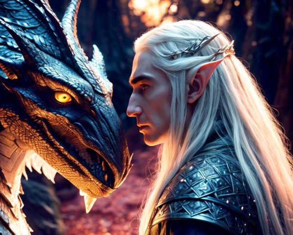 White-haired elf in intricate armor confronts blue dragon in glowing forest