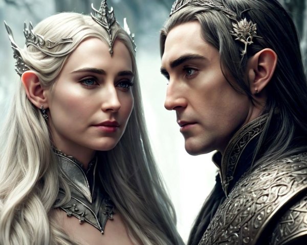 Elaborately dressed elves with crowns and intricate armor in snowy setting