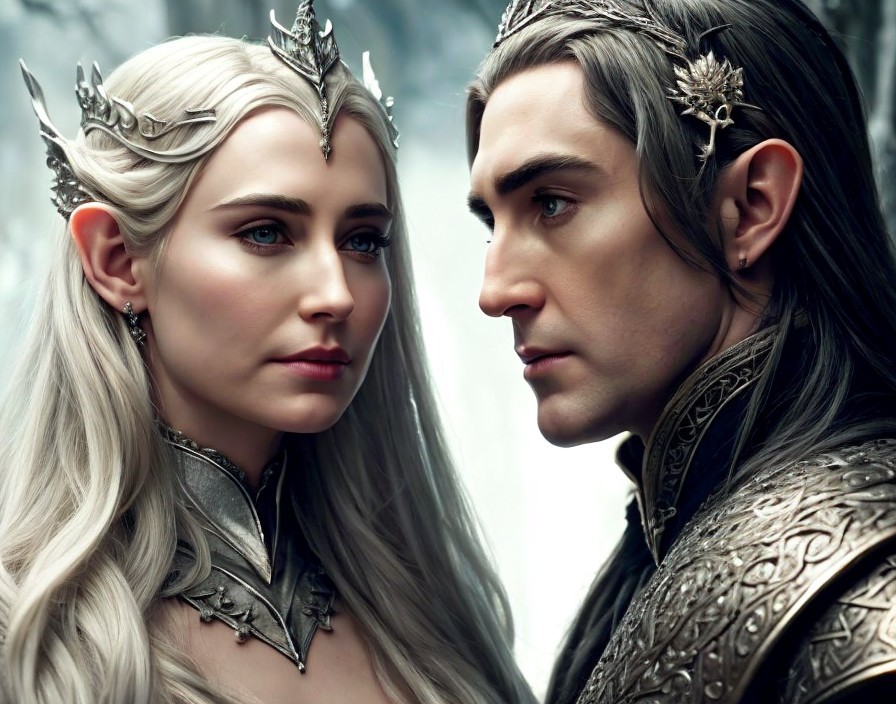 Elaborately dressed elves with crowns and intricate armor in snowy setting