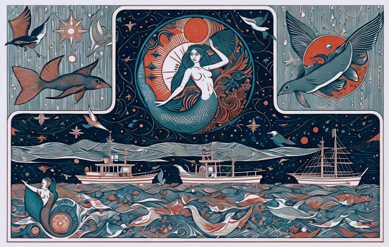 Colorful Stylized Sea Life Illustration with Mermaid, Fish, Boats & Celestial