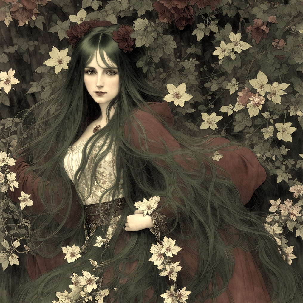 Woman with Long Green Hair and Red Cloak in Enchanted Garden