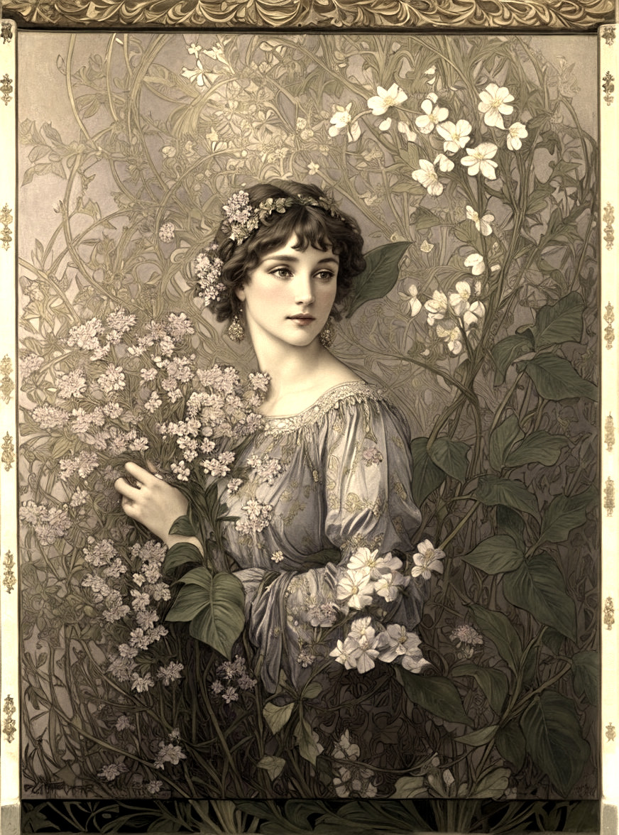 Vintage illustration of woman with floral wreath among blossoming plants