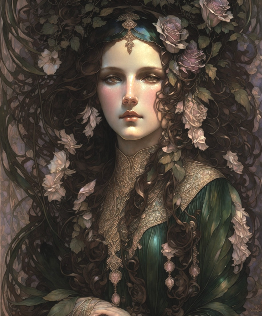 Detailed illustration of woman with dark hair, adorned with flowers, wearing green garment