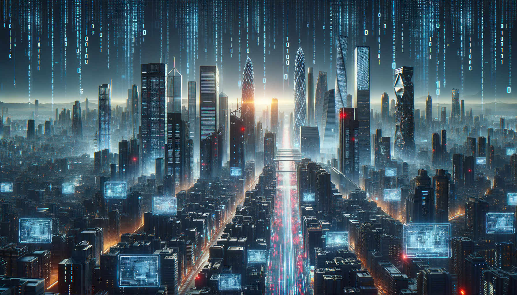 Neon-lit skyscrapers in futuristic cityscape
