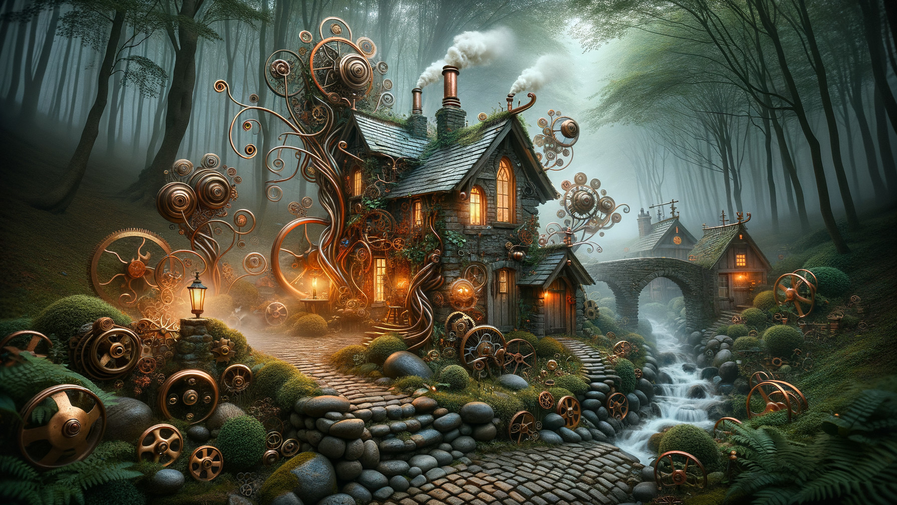 Steampunk Cottage in a Misty Forest Setting