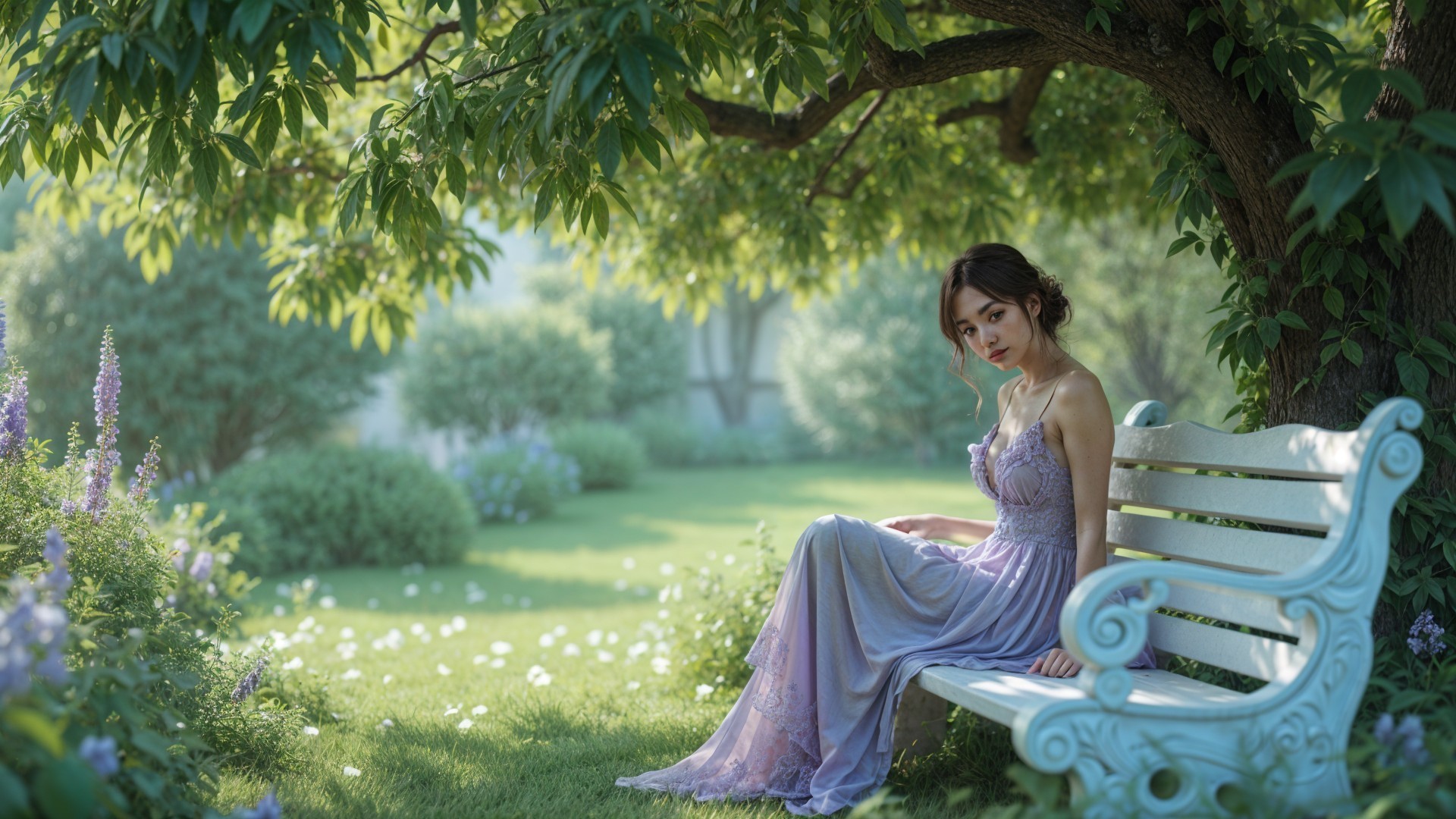 Young Woman in Lavender Gown in Serene Garden Setting