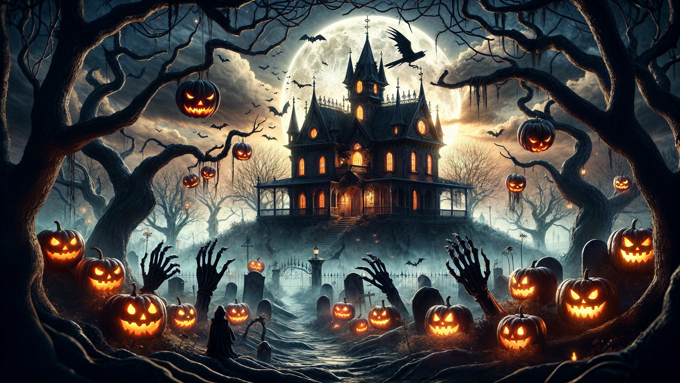 Haunted Mansion Halloween Scene with Eerie Elements