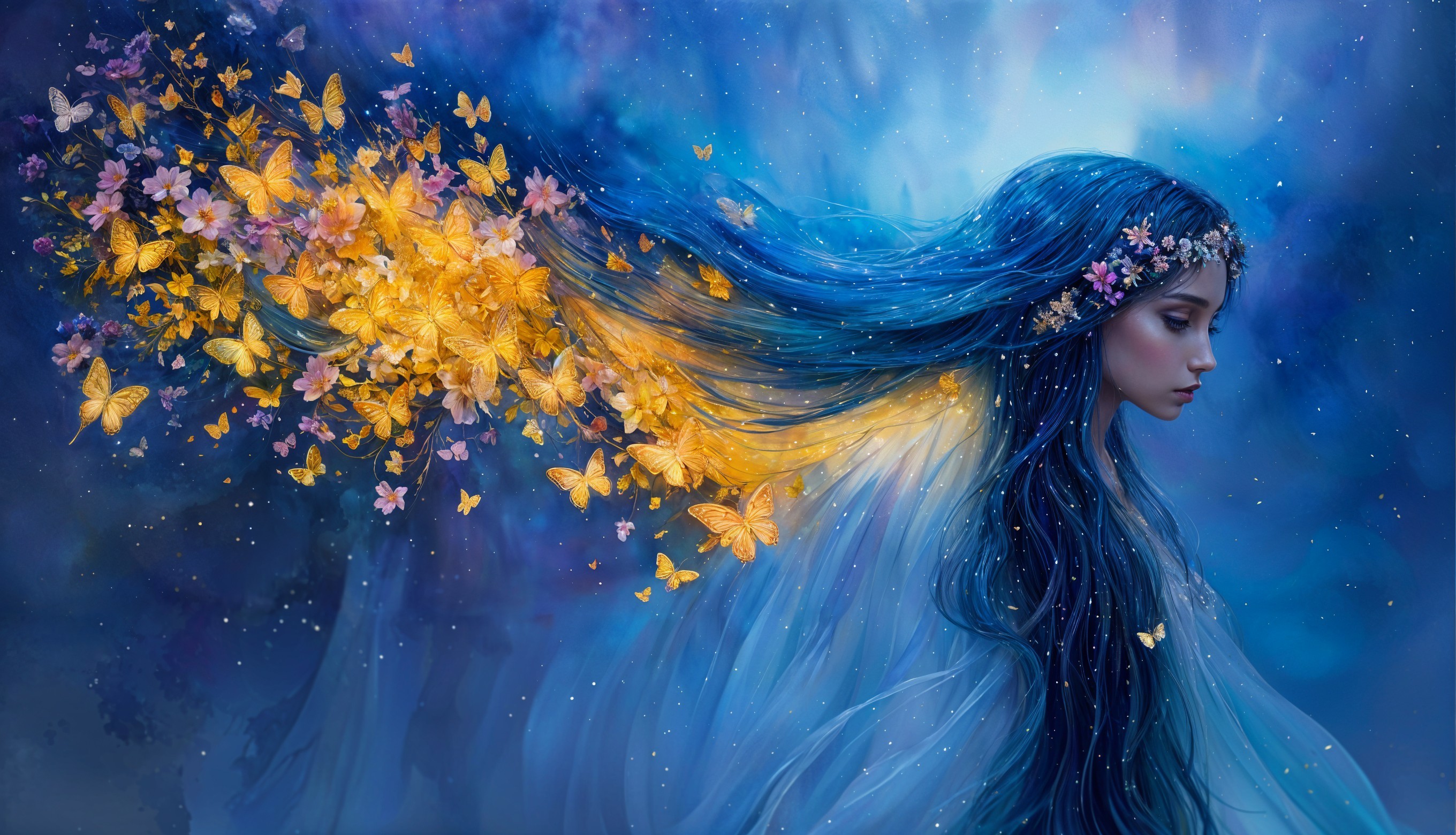 Serene Figure with Blue Hair and Floral Crown