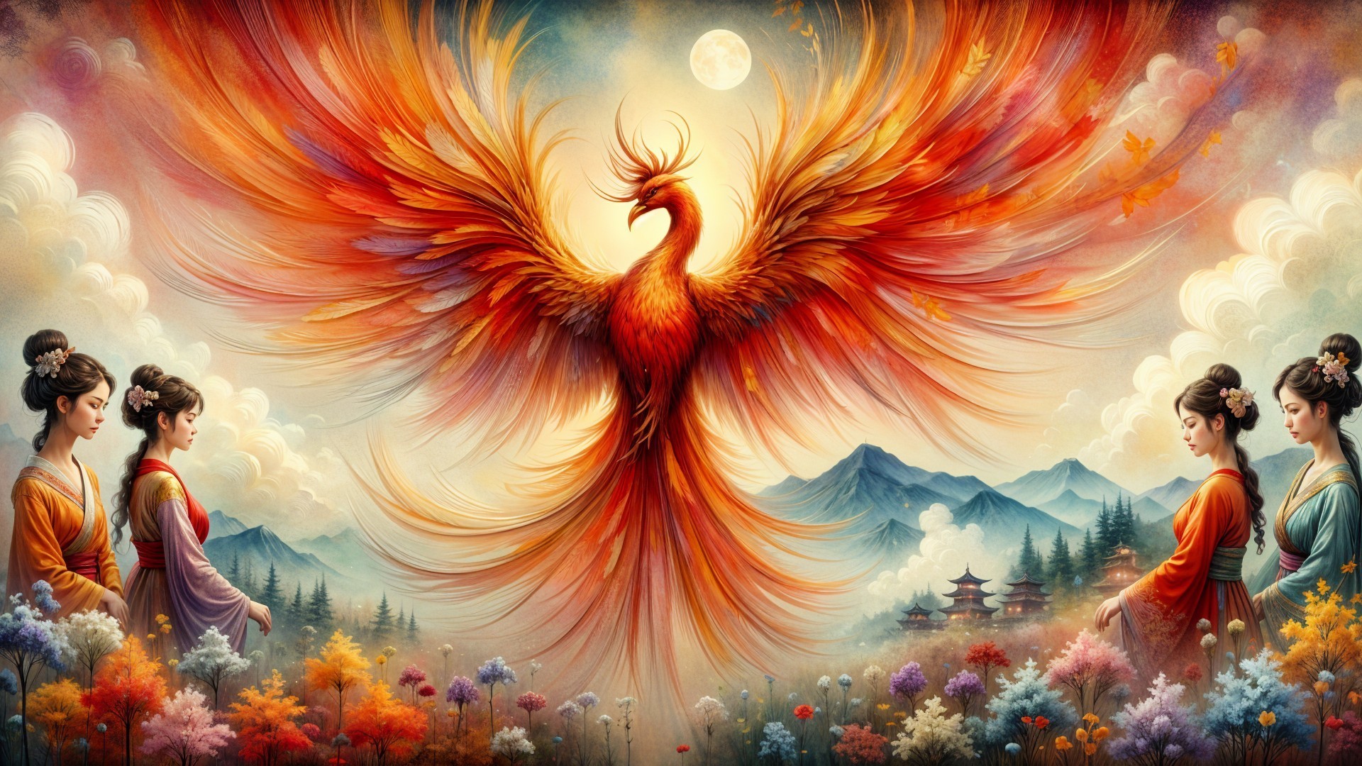 Majestic phoenix and women in traditional attire scene