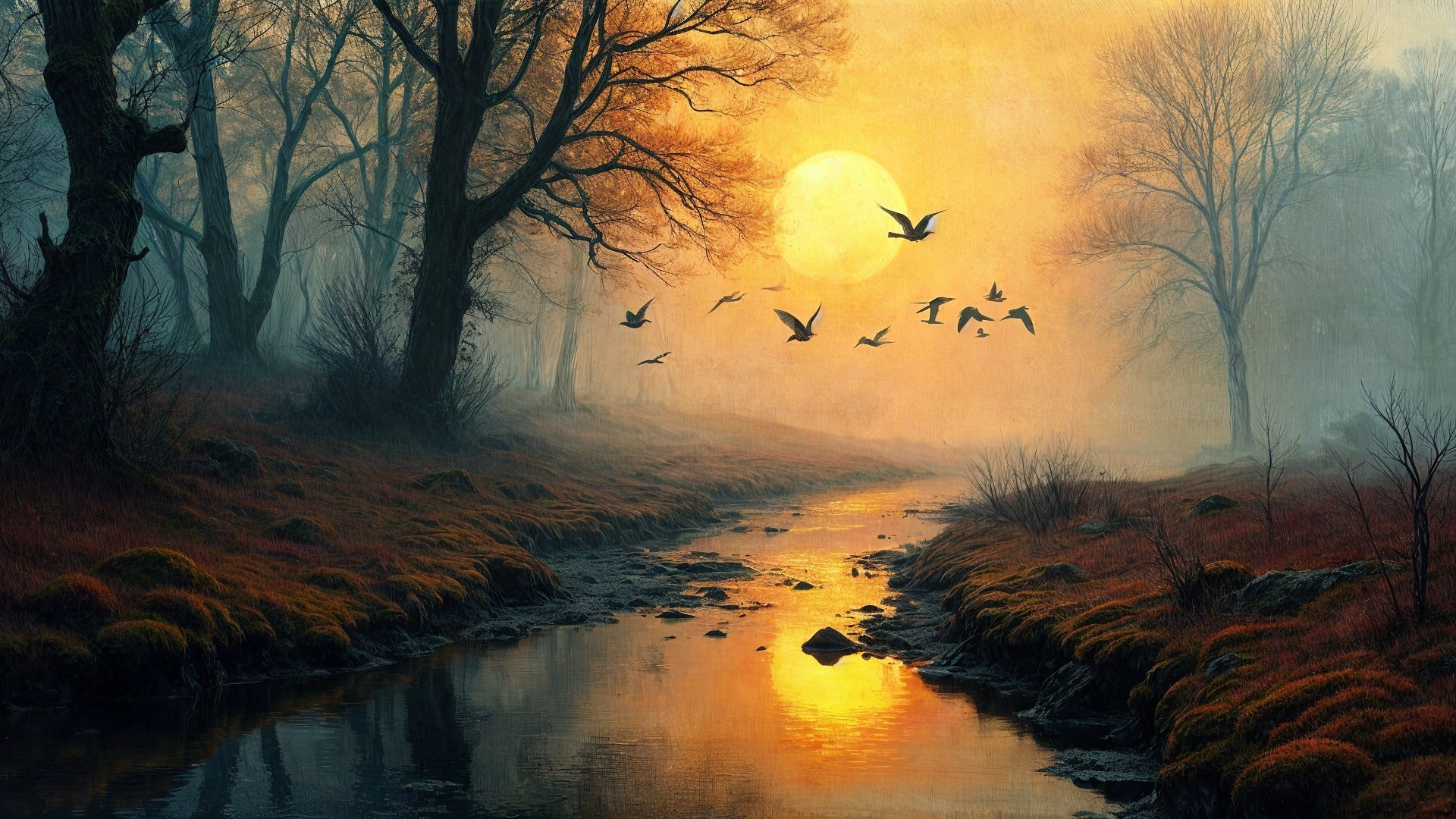 Serene Dawn Landscape with Stream and Silhouetted Trees