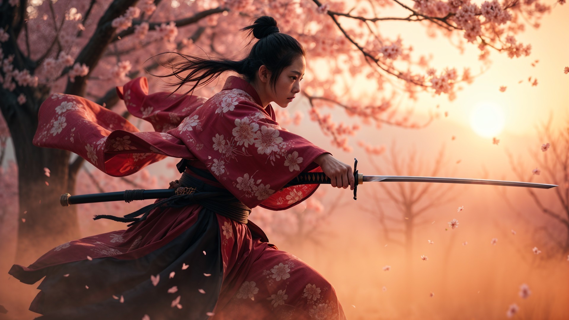 Warrior in Floral Kimono with Katana at Sunset