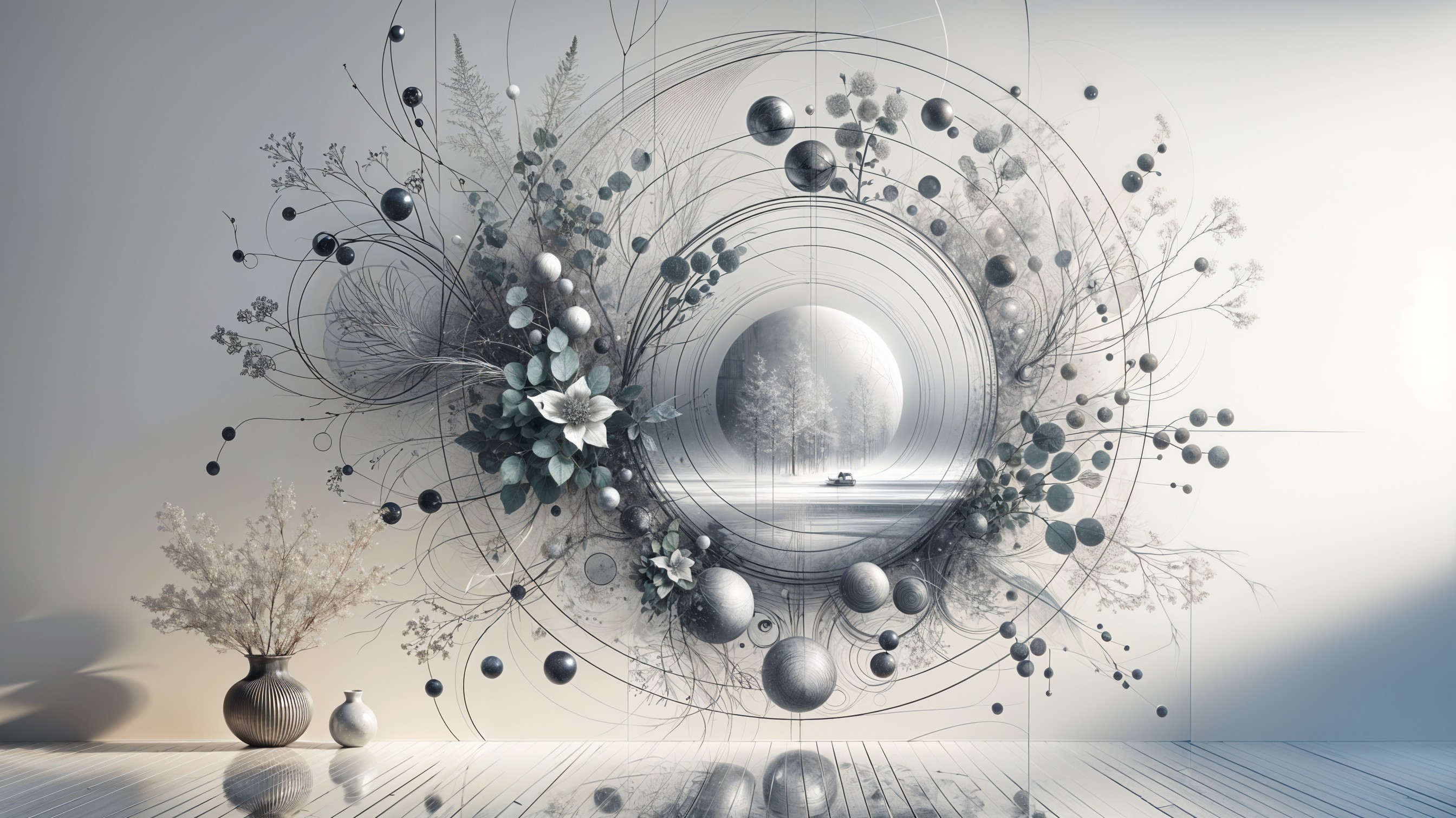 Surreal Mural with Floral and Abstract Elements