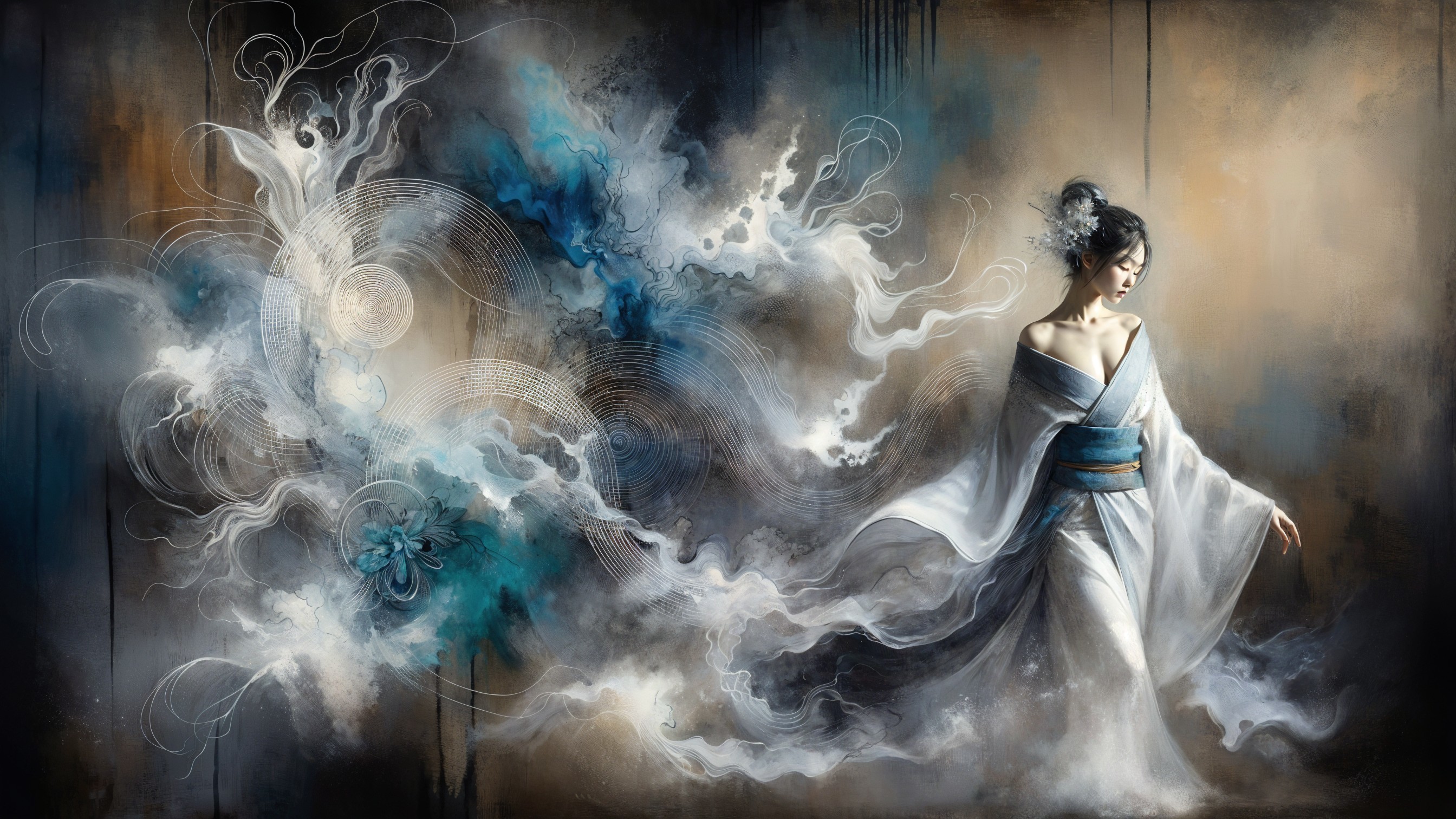 Ethereal White Kimono Against Abstract Blue Background