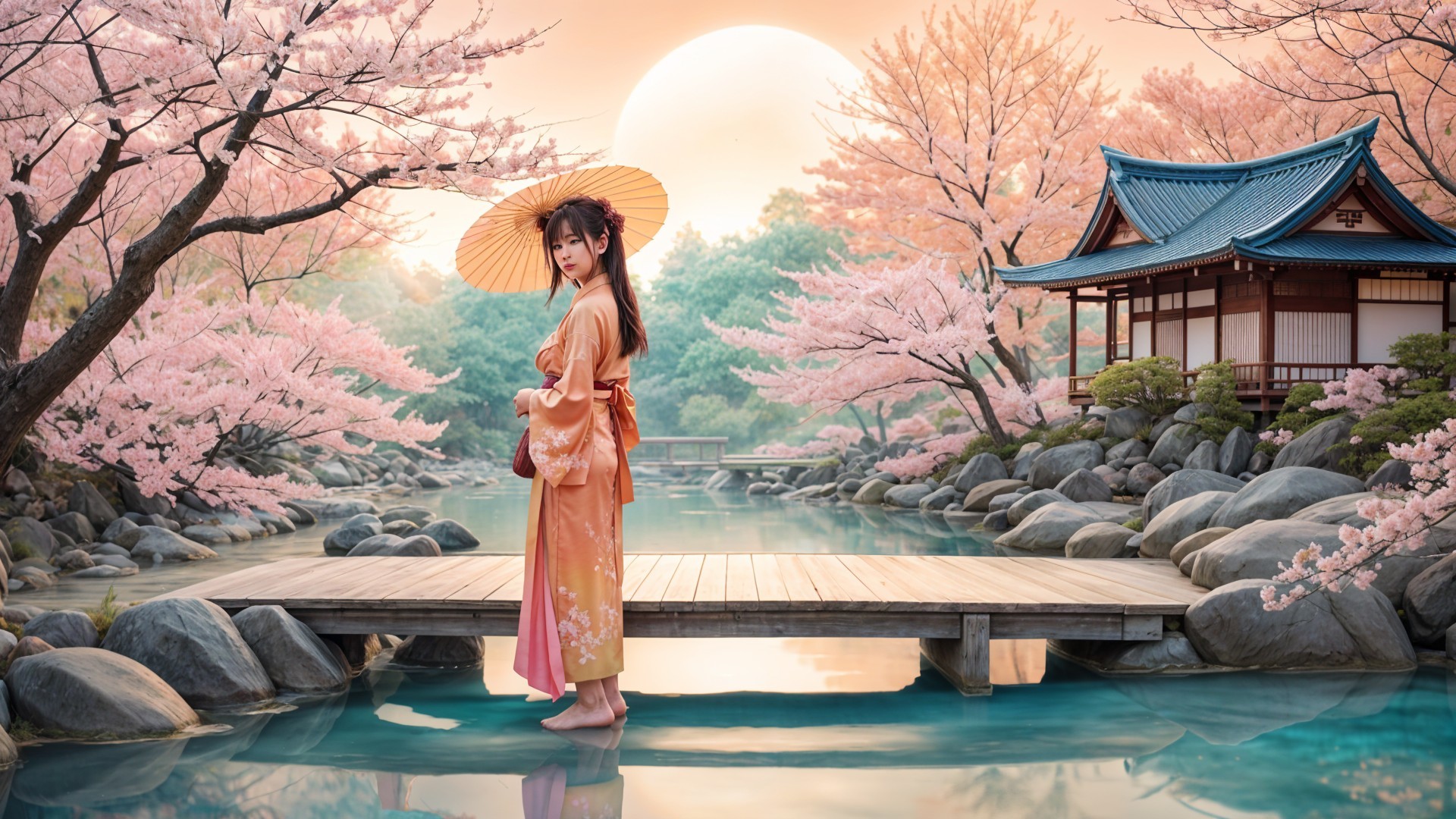 Young Woman in Kimono on Bridge with Cherry Blossoms