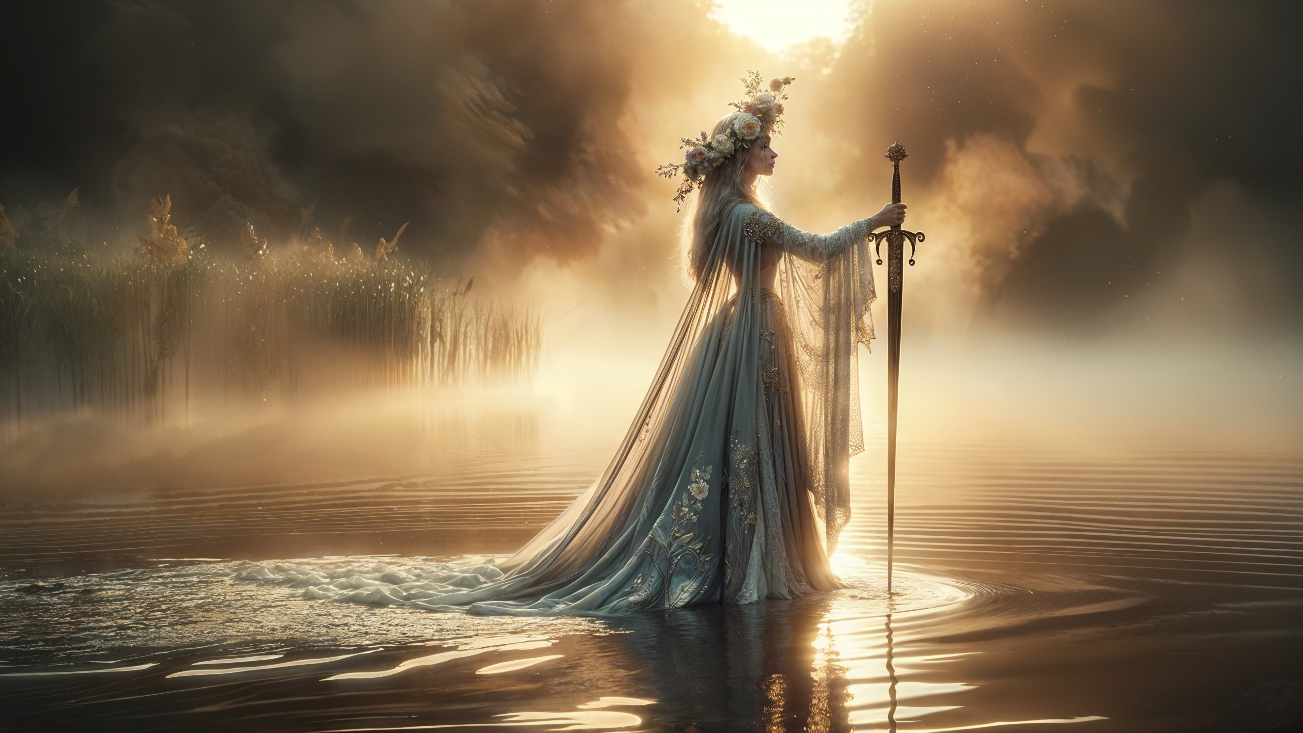 Mystical Figure in Shimmering Water and Ethereal Fog