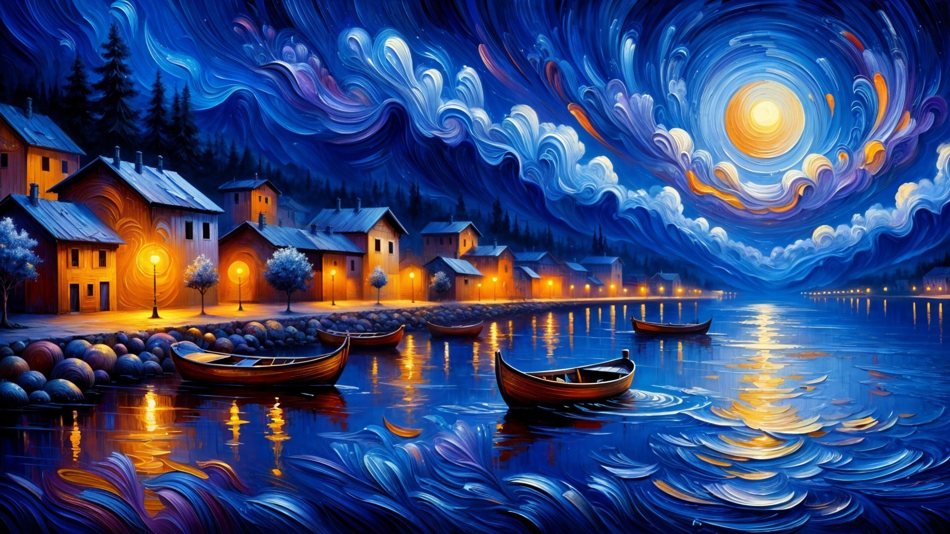 Serene Night Scene with Moonlit River and Houses