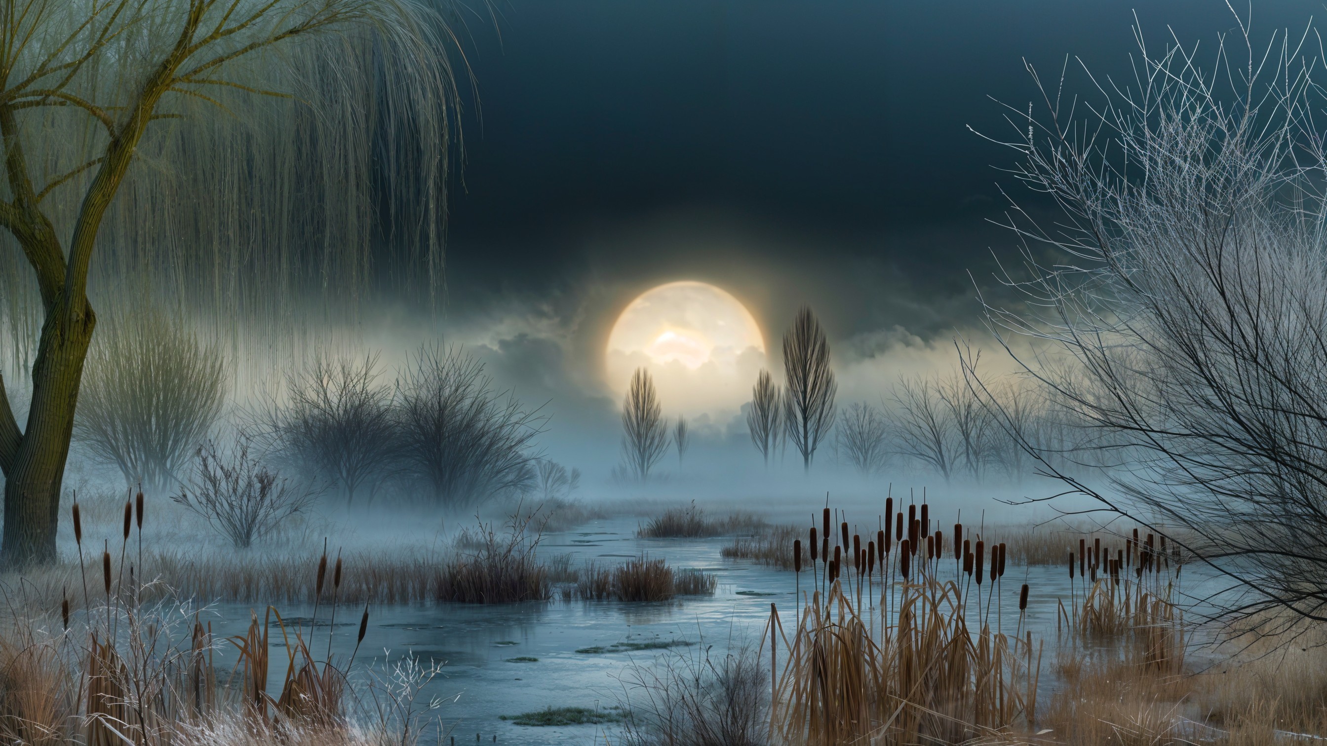 Serene Winter Landscape with Full Moon and Mist