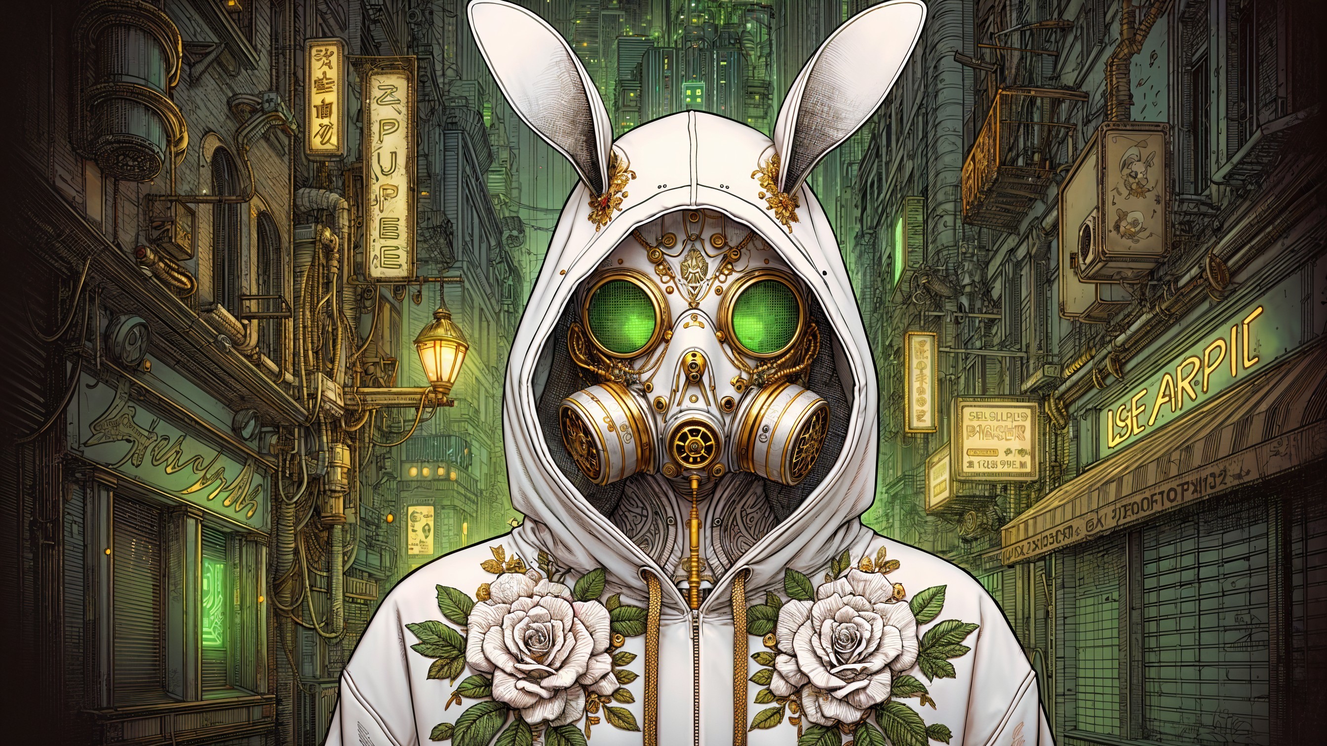 Futuristic figure in floral hoodie and gas mask in alley