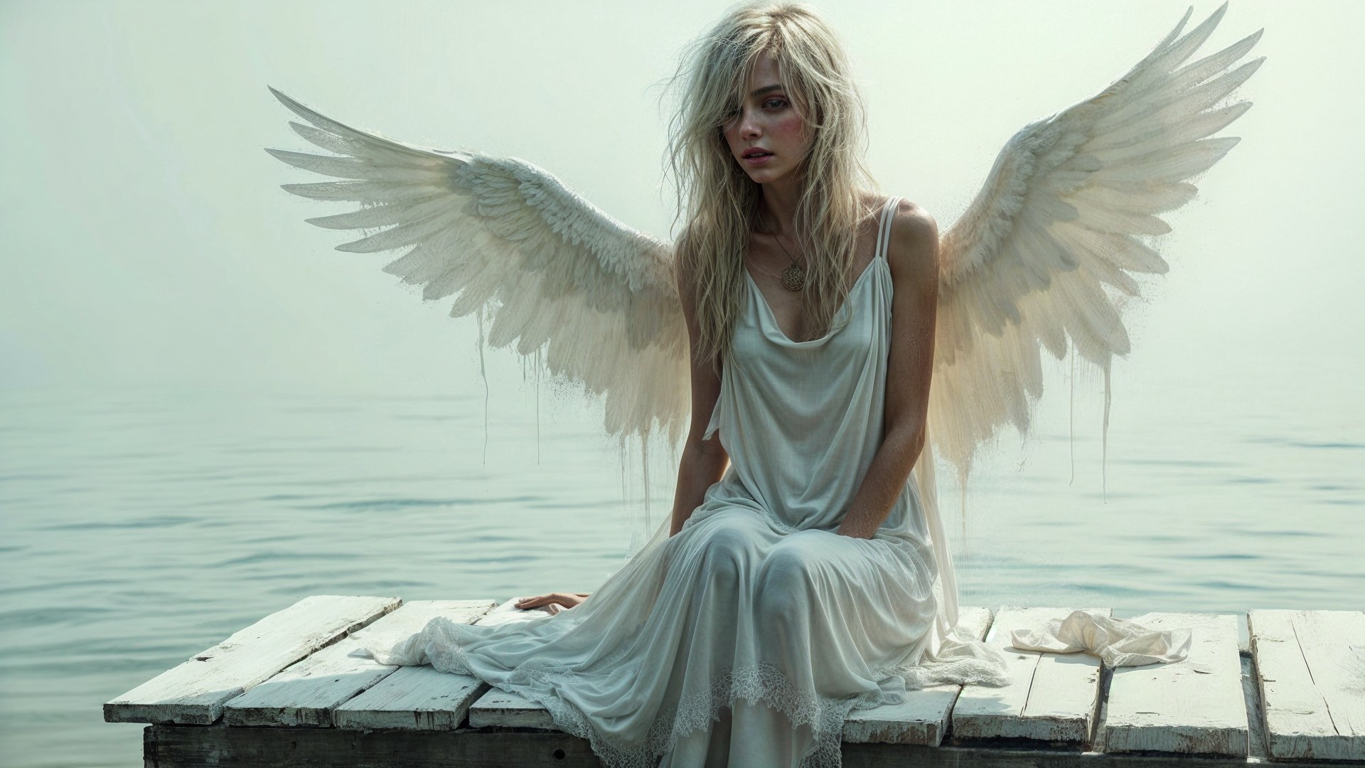 Serene figure with wings on a misty dock
