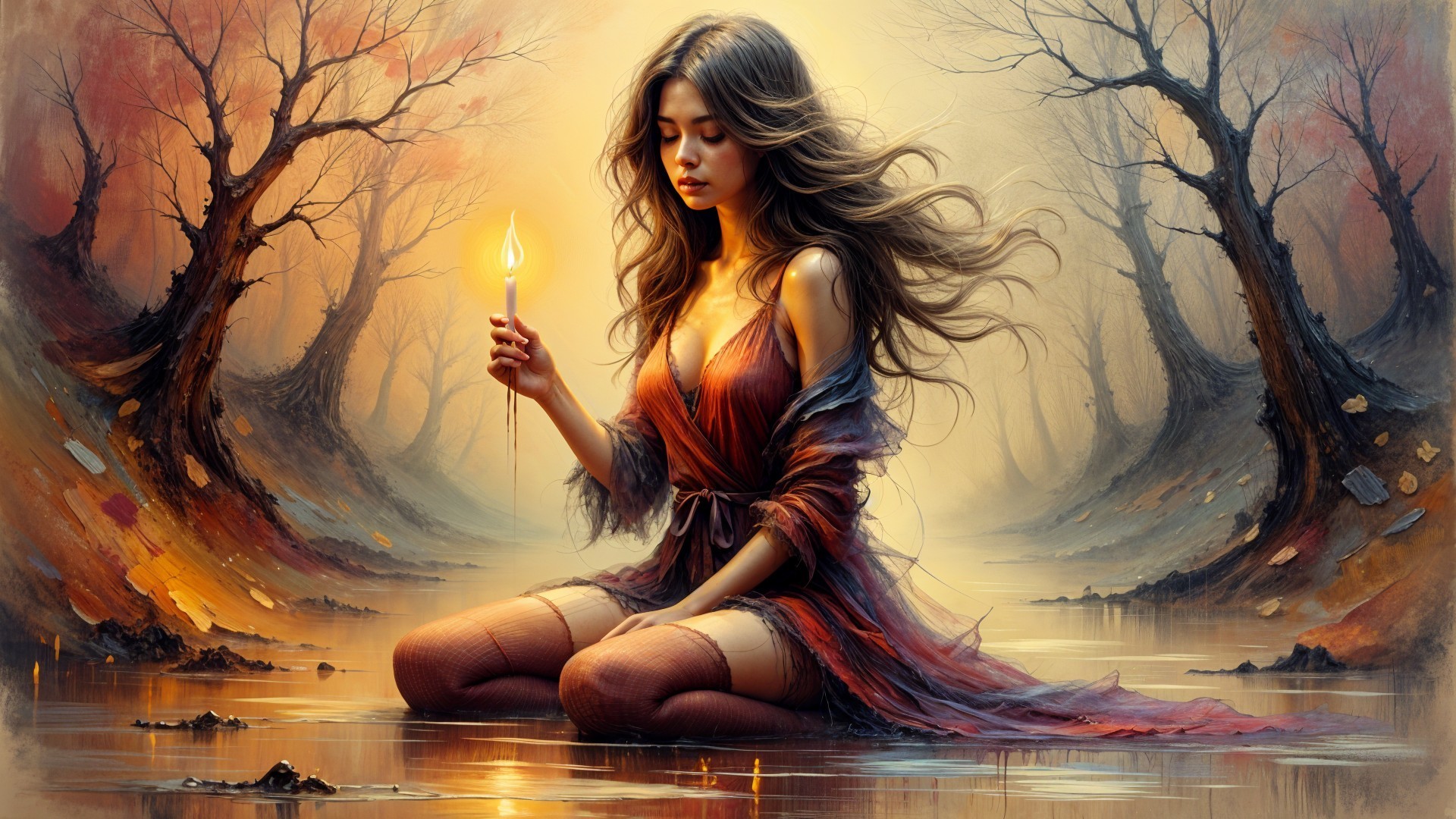 Serene Young Woman by Still Water with Candle
