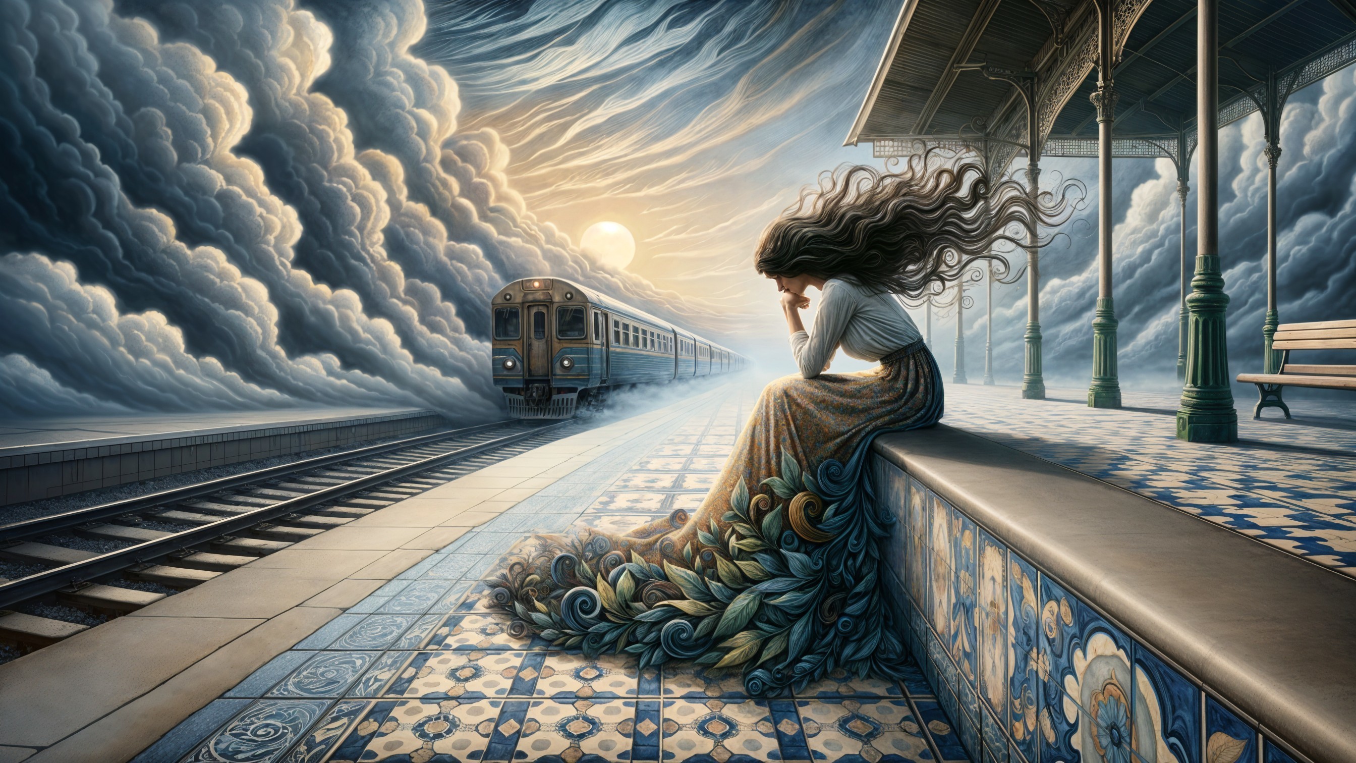 Young woman in flowing dress at train station platform