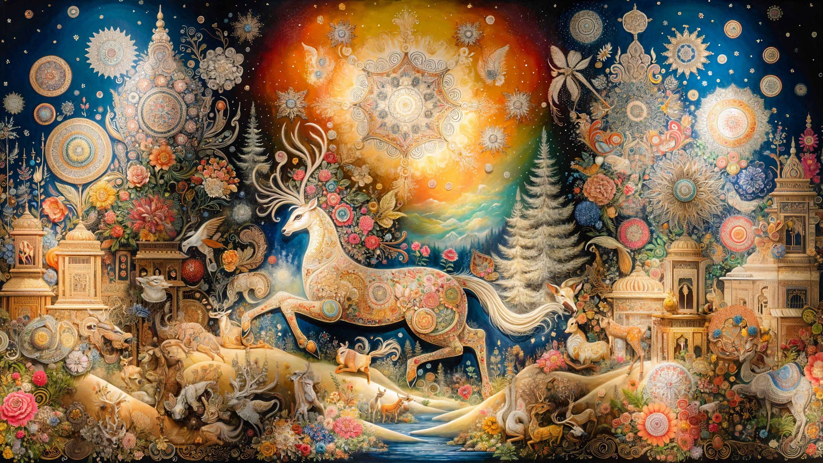 Vibrant Unicorn Scene with Whimsical Animals and Landscapes