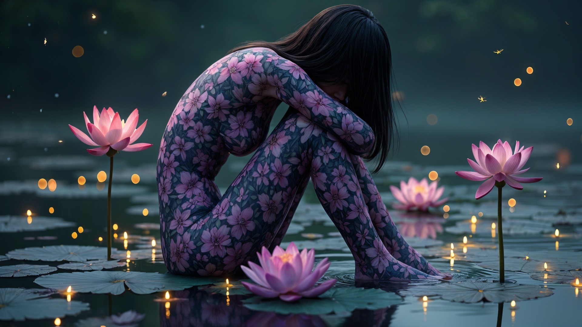 Tranquil Pond Scene with Floral Body Art and Lotus Blossoms