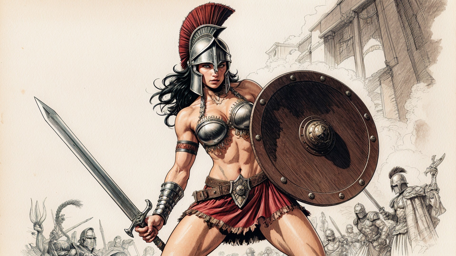 Fierce Warrior Woman in Traditional Armor and Setting