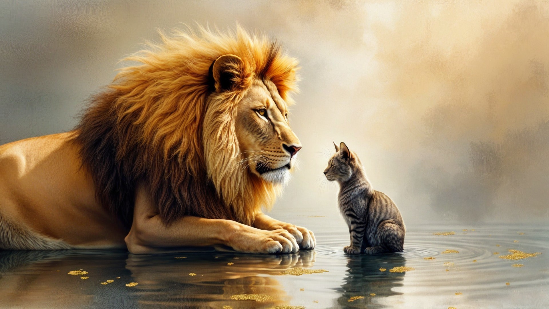 Lion and Kitten in Serene Reflection by Water