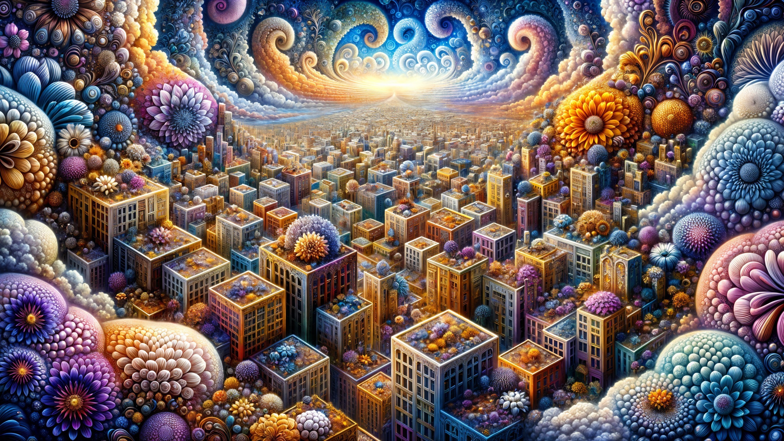 Vibrant Cityscape with Floral Patterns and Cosmic Sky