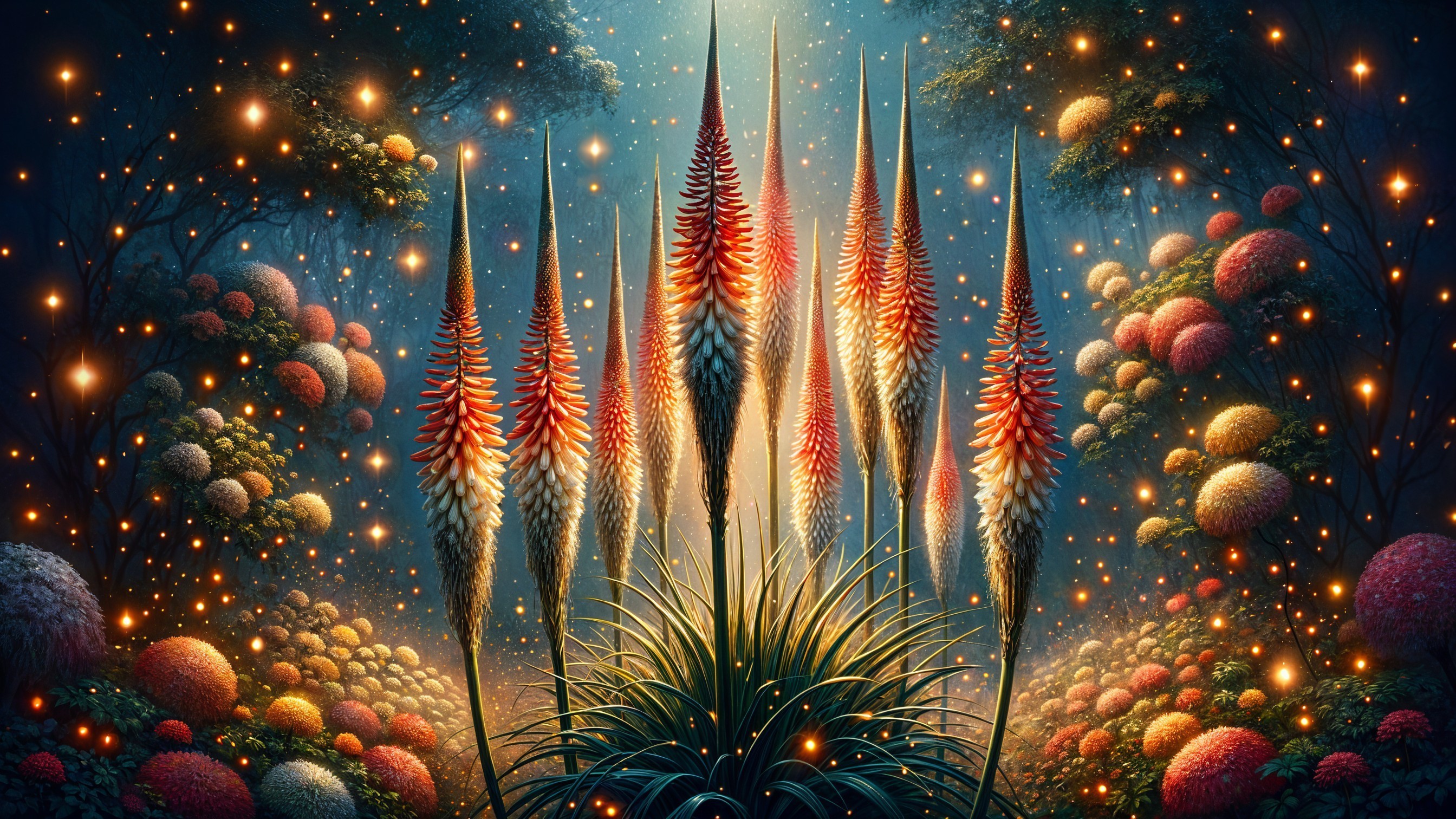 Flame-like flowers in a vibrant, dreamlike landscape