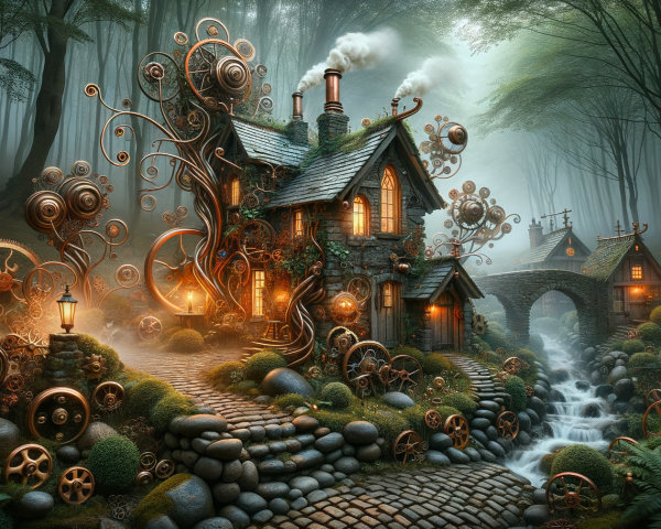 Steampunk Cottage in a Misty Forest Setting