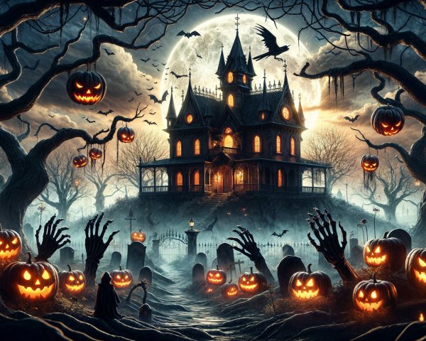 Haunted Mansion Halloween Scene with Eerie Elements