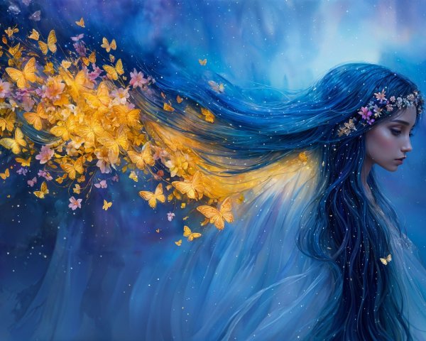 Serene Figure with Blue Hair and Floral Crown