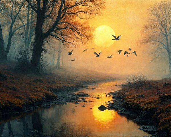 Serene Dawn Landscape with Stream and Silhouetted Trees