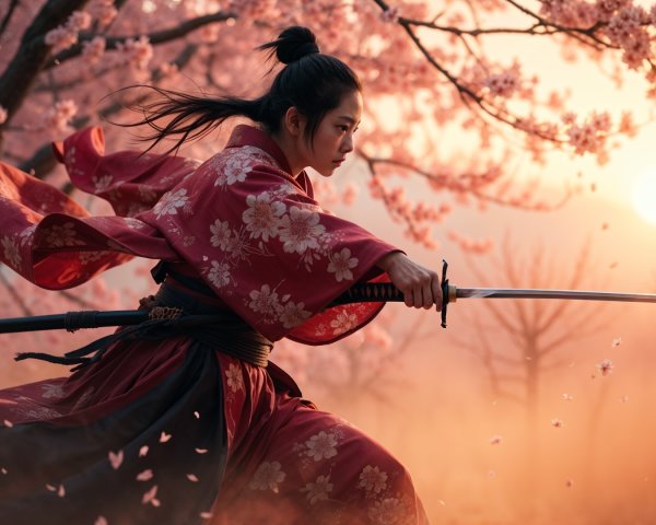 Warrior in Floral Kimono with Katana at Sunset