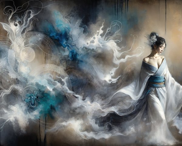 Ethereal White Kimono Against Abstract Blue Background