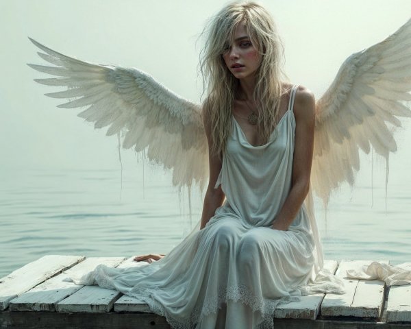 Serene figure with wings on a misty dock