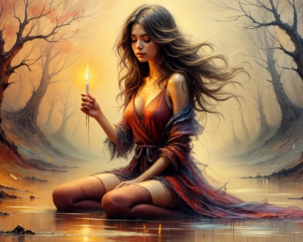 Serene Young Woman by Still Water with Candle