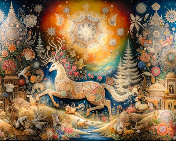 Vibrant Unicorn Scene with Whimsical Animals and Landscapes